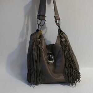 Authenticate Celine Dimitri Fringed Taupe Leather Satchel Shoulder Hobo Handbag